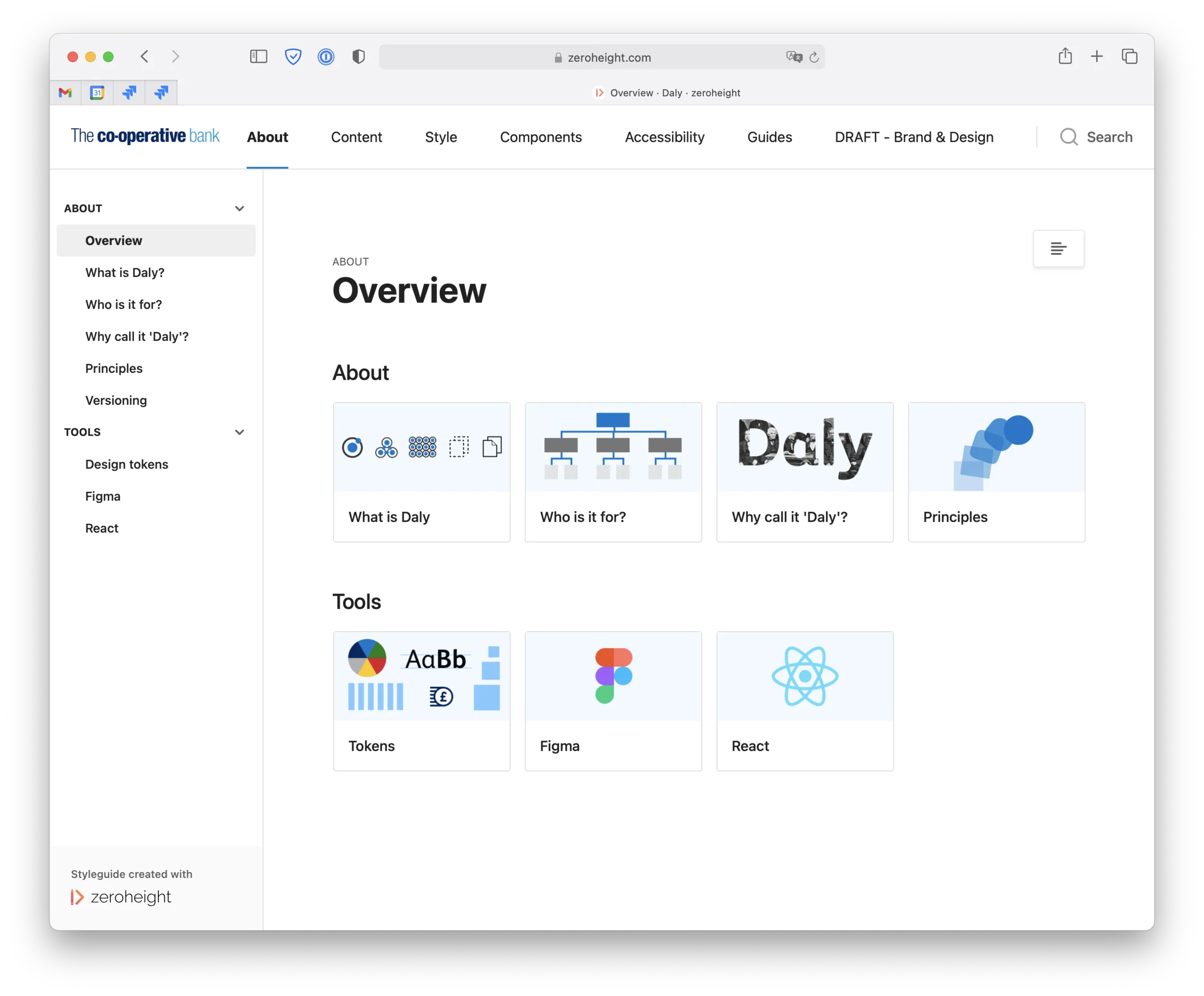 The Daly design system in zeroheight: the Co-operative Bank's overview page, with tiles for what it is, who it's for and its principles, plus tools for design tokens, Figma and React