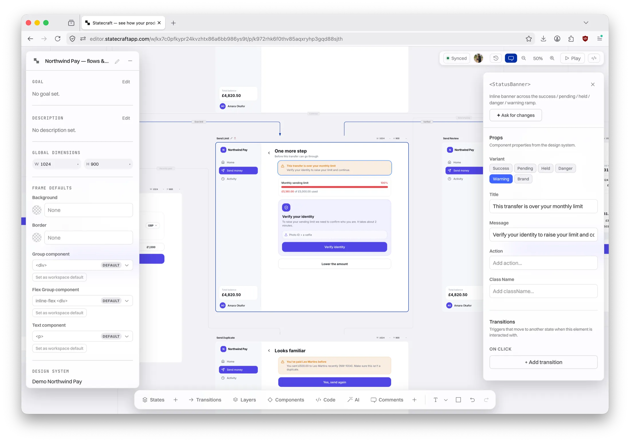 The Statecraft editor: a Northwind Pay payment flow laid out as a canvas of live states wired together by transitions, with one component's properties open in a panel on the right