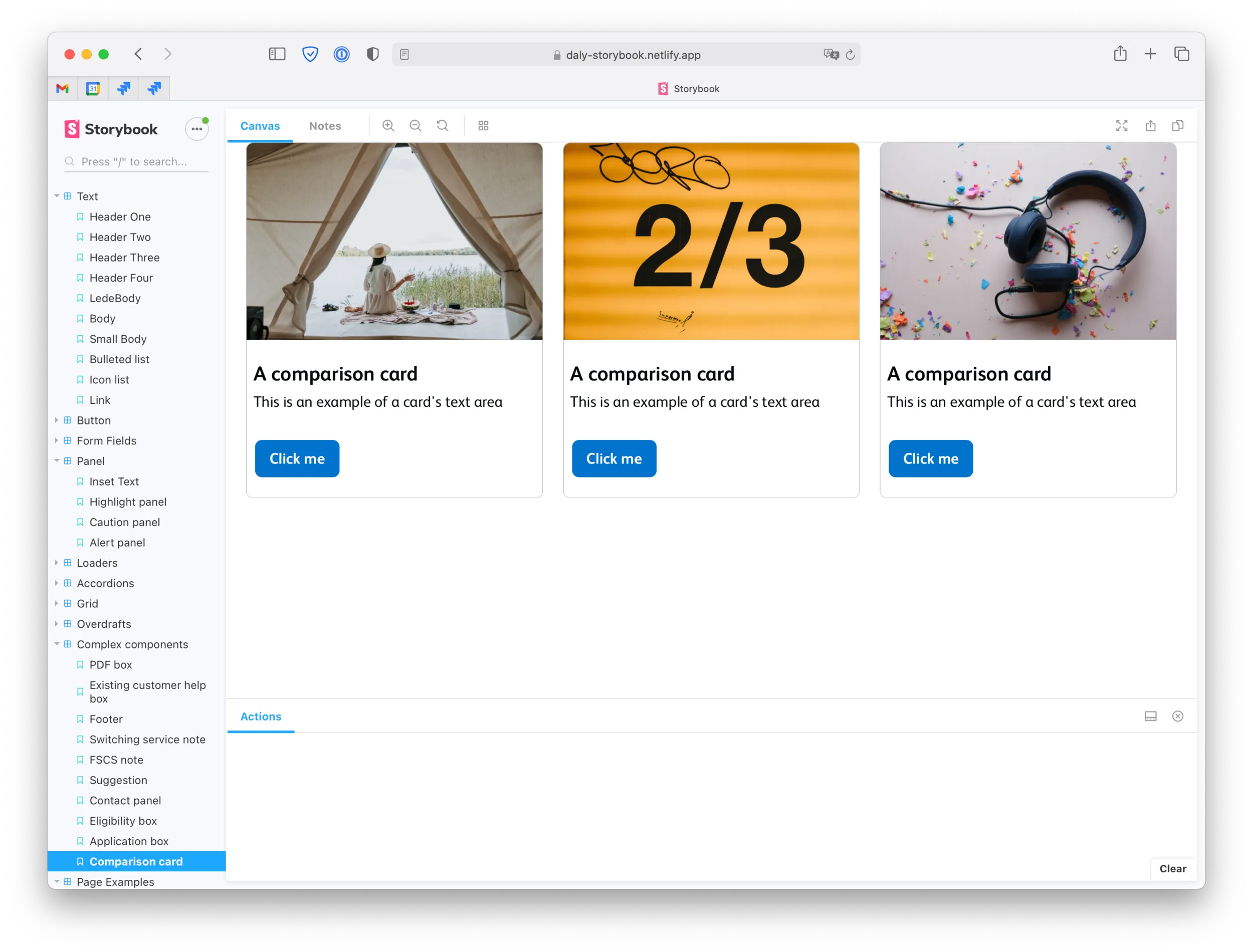 A Storybook screenshot of the Daly component library: a "Comparison card" rendered three-up, with a sidebar listing components (Text, Button, Form Fields, Panel, Loaders, Accordions, Grid)