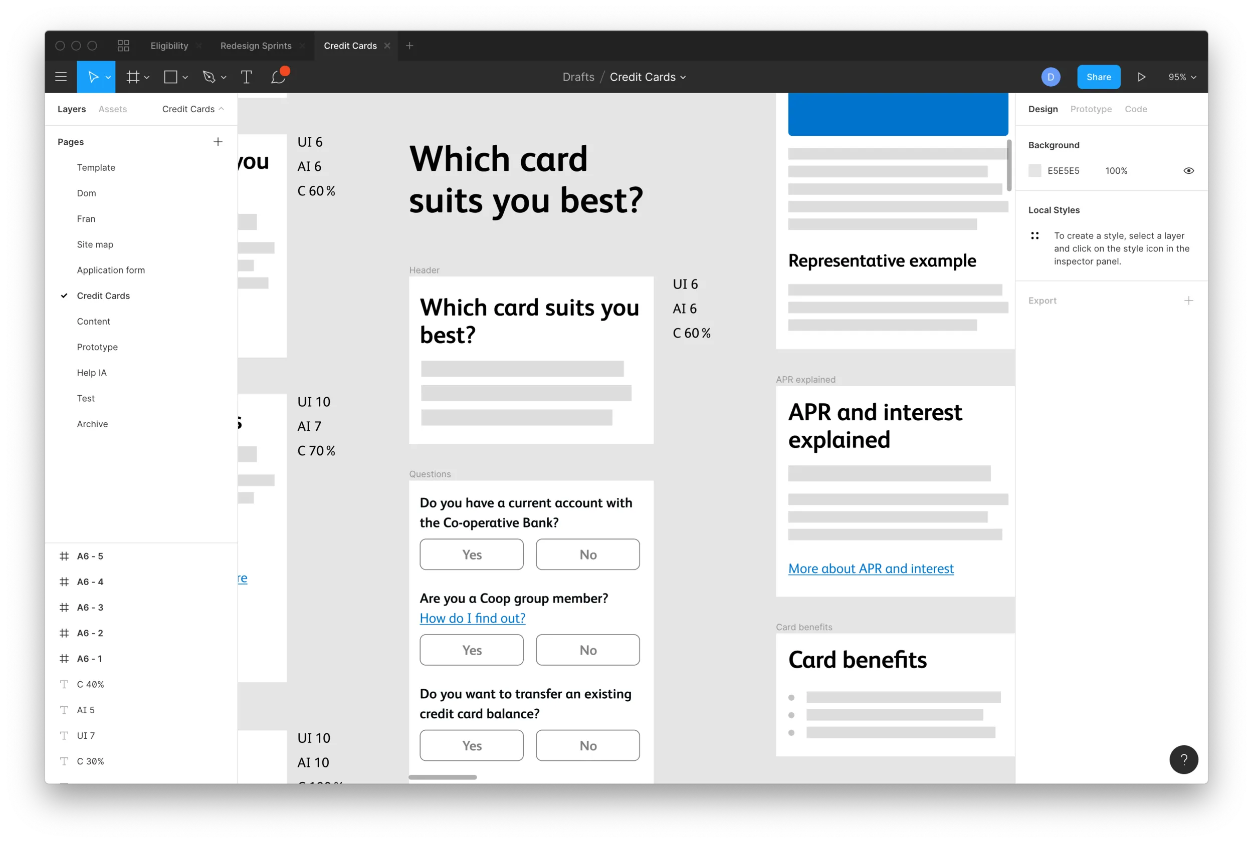 A wireframe annotated with the content audit, components rated good, okay or needs-work against their stated user need