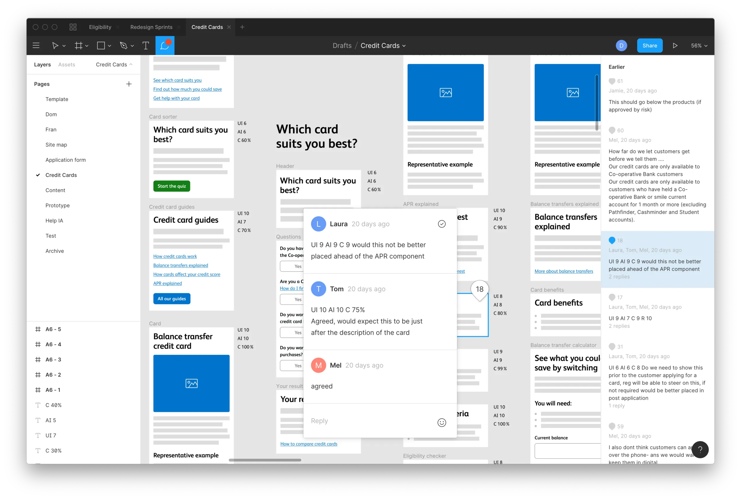 A live comment thread on the wireframes, stakeholders debating component placement against the user-importance scores