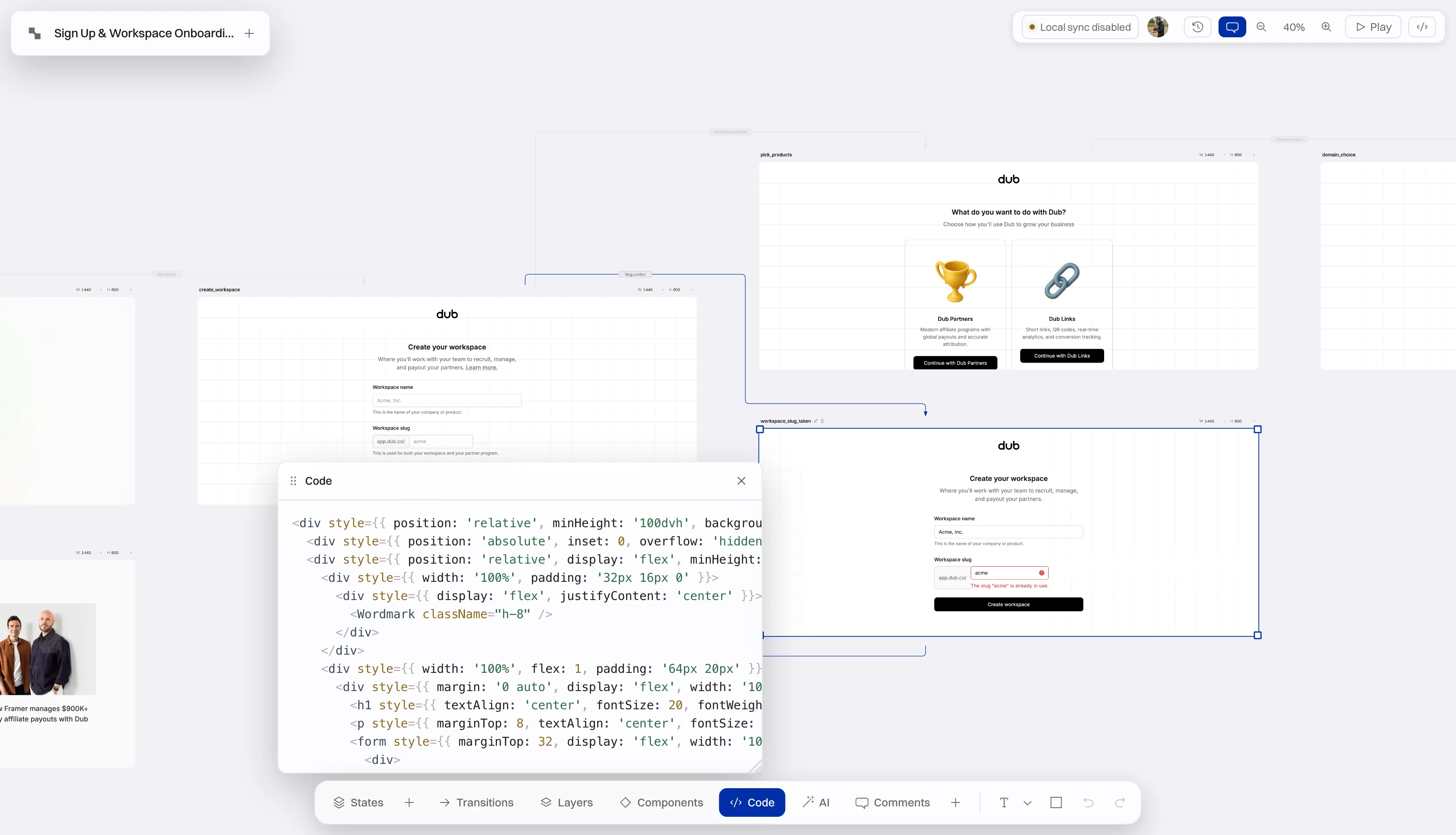 A state selected on the canvas with its live JSX open in the code panel: real, editable component markup, with neighbouring states and their transitions still in view
