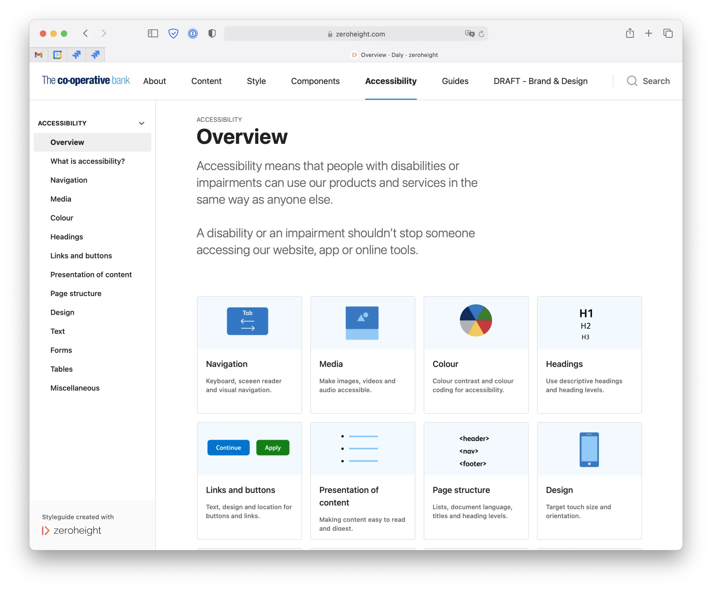 Daly's accessibility guidance in zeroheight: an overview grid of tiles for Navigation, Media, Colour, Headings, Links and buttons, Presentation of content, Page structure and Design