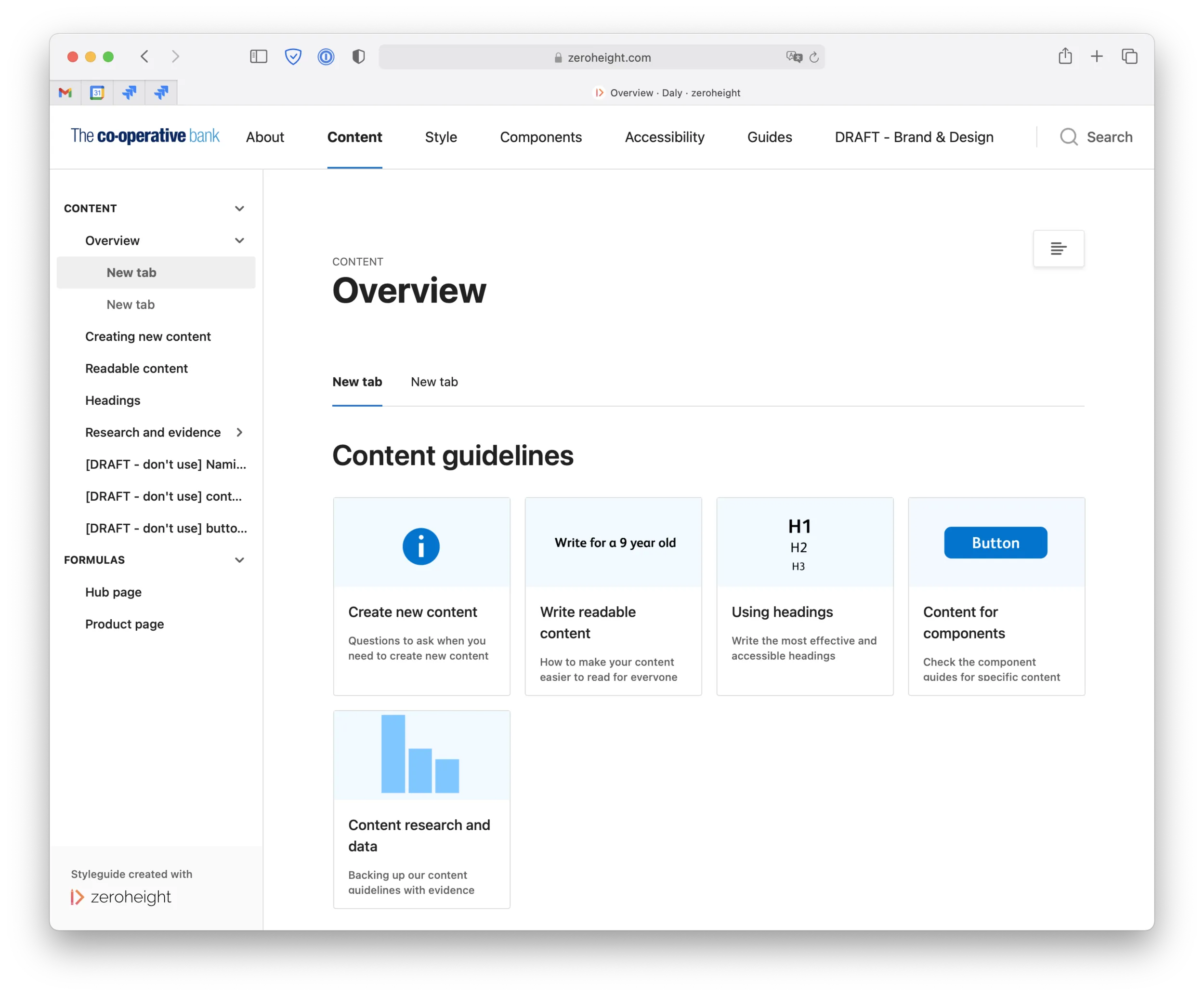 Daly's content guidelines in zeroheight: a grid of tiles for creating new content, writing readable content, using headings, and content for components