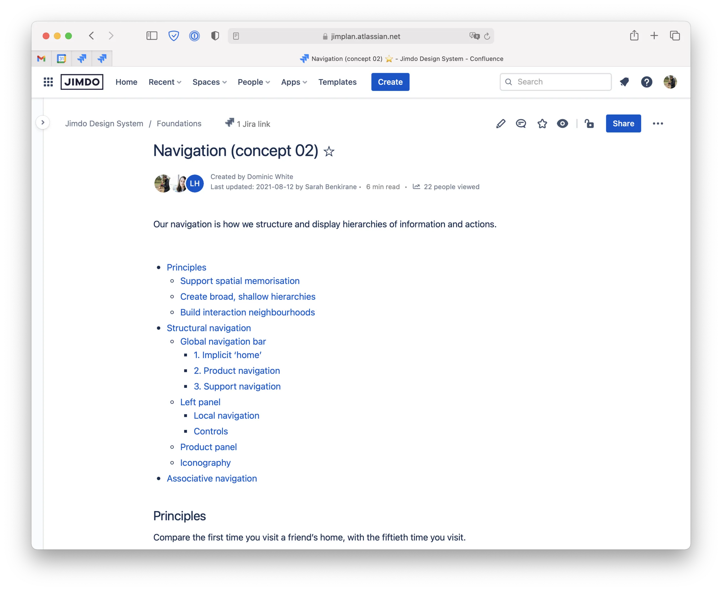 A Confluence page documenting the IA: navigation principles (support spatial memorisation, broad shallow hierarchies, interaction neighbourhoods) and a structural nav of a global bar, a left panel and a product panel
