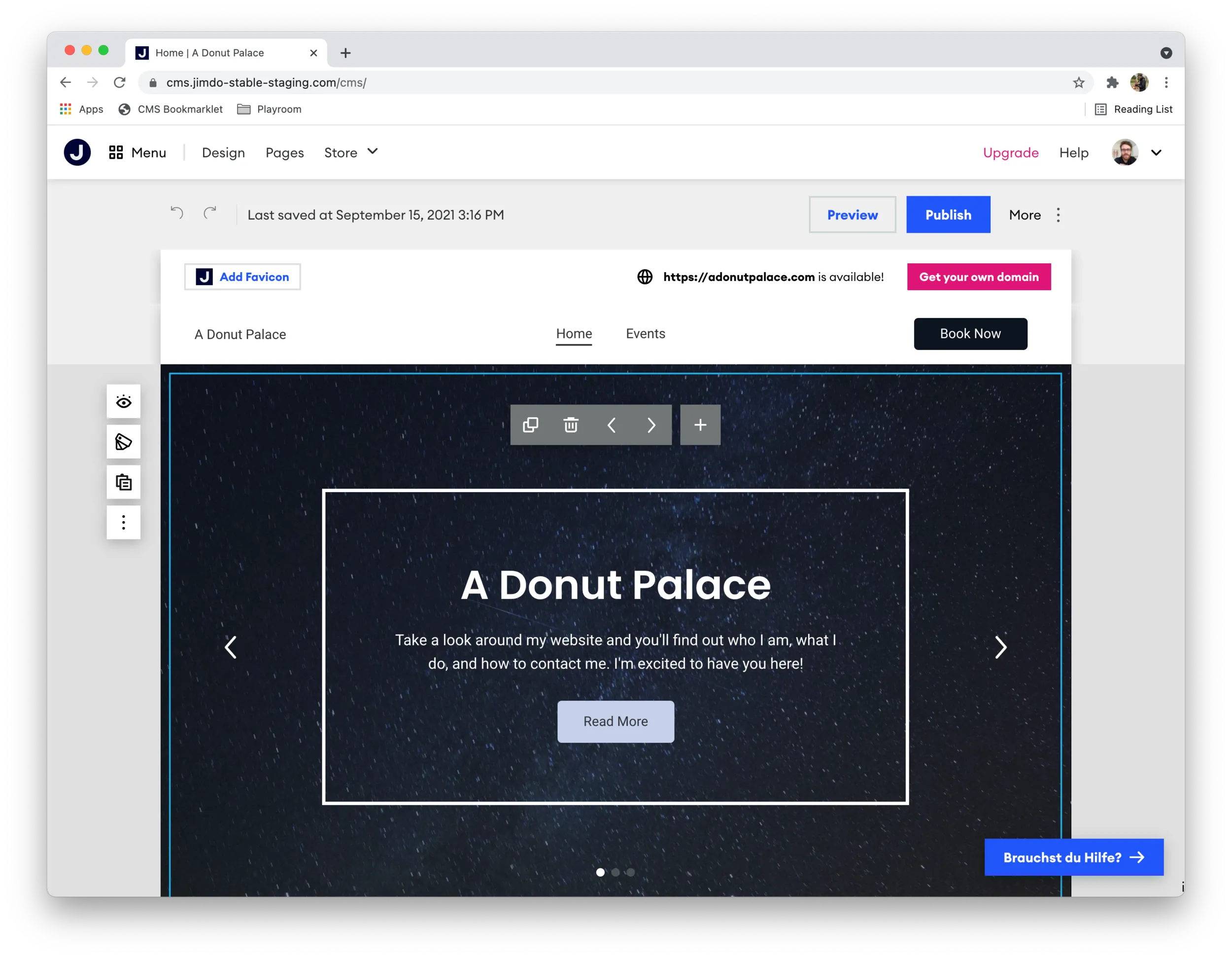 The same builder in context, editing a demo site, with the new product bar across the top