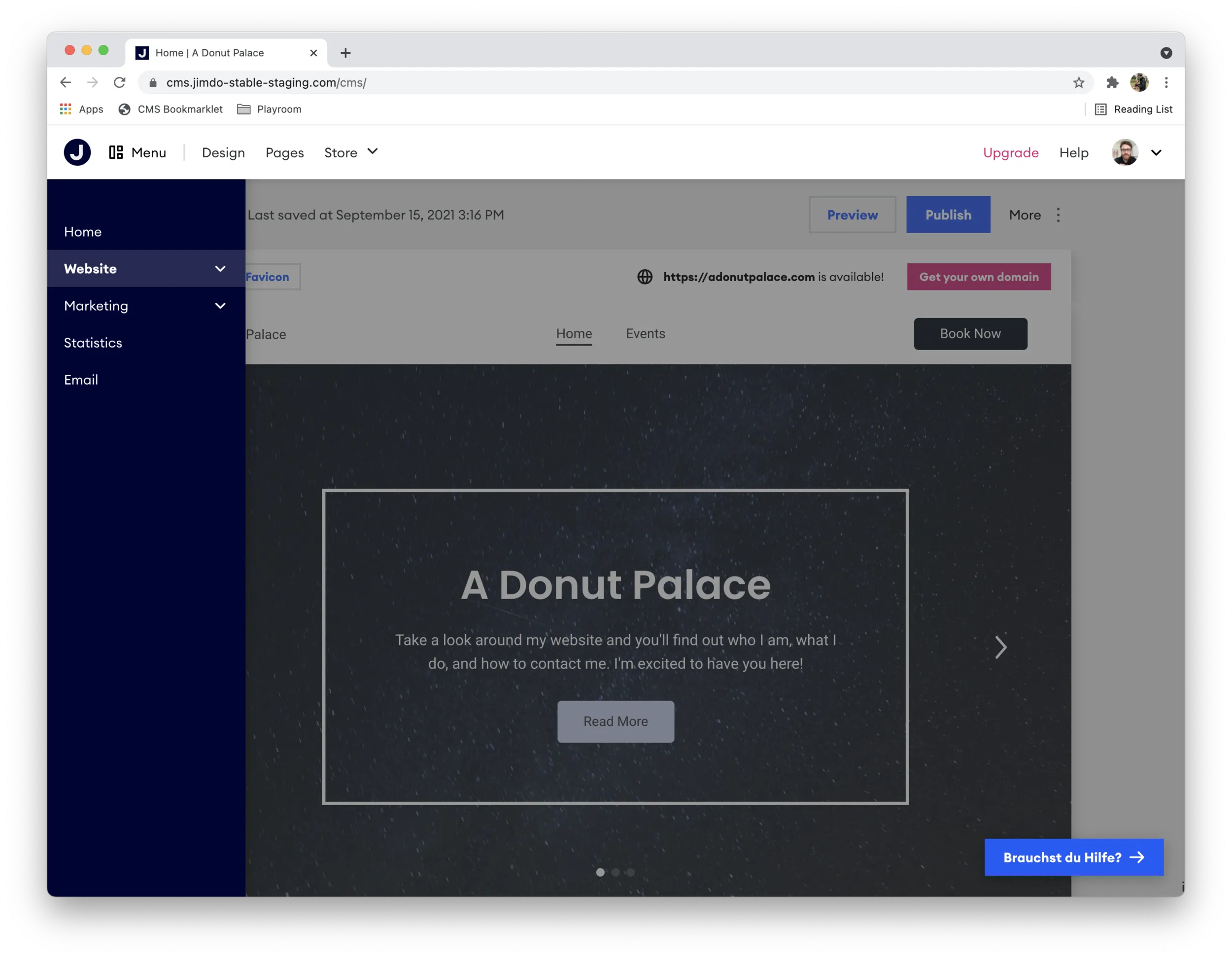 A Jimdo builder mockup with the new global left-hand navigation expanded: cross-product items for Home, Website, Marketing, Statistics and Email